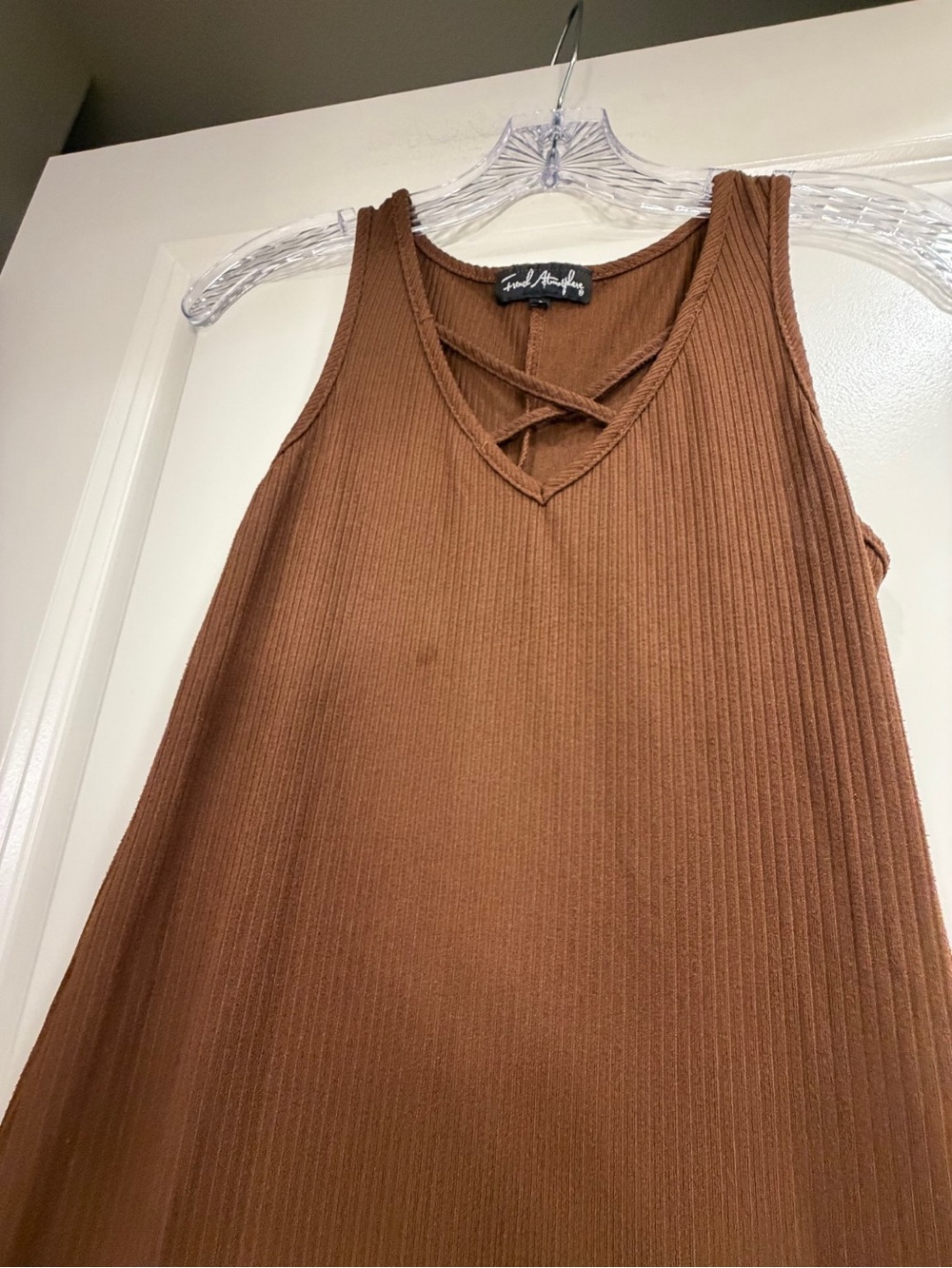 French Atmosphere Brown Ribbed Maxi Dress Size S Criss Cross V Neck - Picture 5 of 6